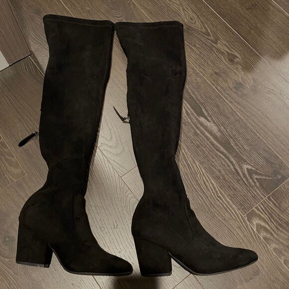 Black Suede Over The Knee Boots Size 38 Back Zip Winter Fall Boots Stylish - Picture 1 of 5